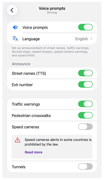 Configurações de Navegação por Voz iOS