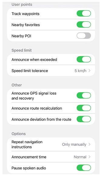 Configurações de Navegação por Voz iOS