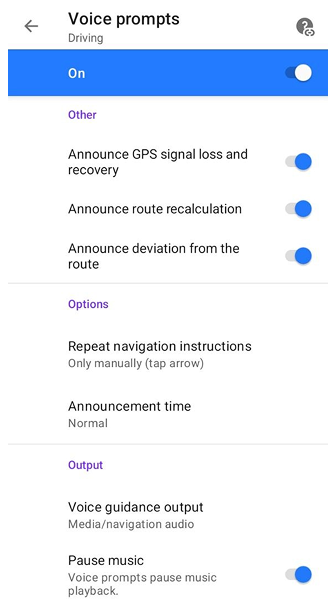 Configurações de Navegação por Voz Android
