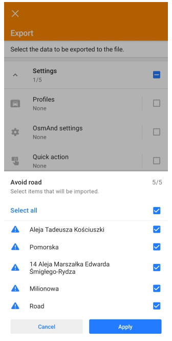 Експорт доріг для уникнення на карті Android 2